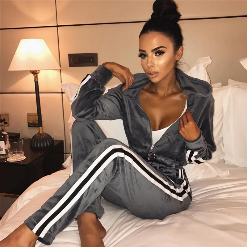 pant suits for older ladies Velvet Tracksuit Women Two Piece Set Autumn Clothes Side Striped Zipper Hooded Top Pants Suit Casual Women's Sets Velour Outfits white pant set