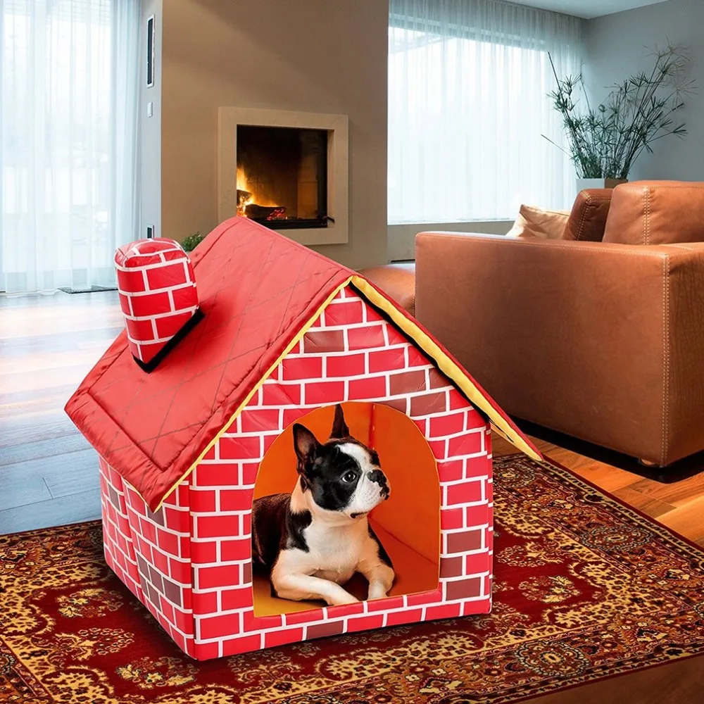 Портативный кирпичный домик для домашних животных с дымоходом теплый и уютный кровать для собак и кошек съемные моющиеся палатки для домашних животных подходит для всех сезонов подушки