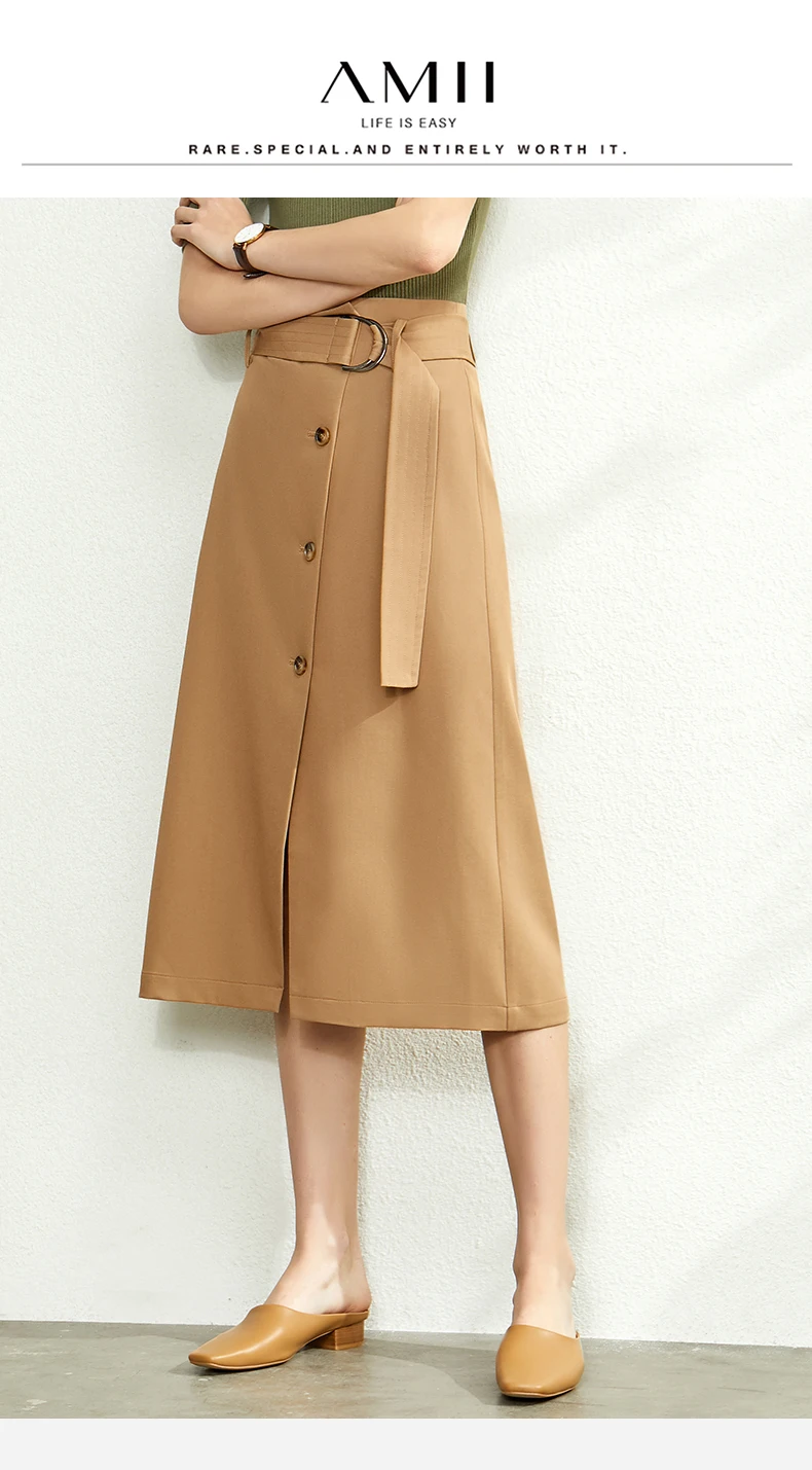 AMII Minimalism Summer Autumn Fashion Solid Aline Single-breasted Women Skirt Causal Belt Calf-length Female Skirt 12030047