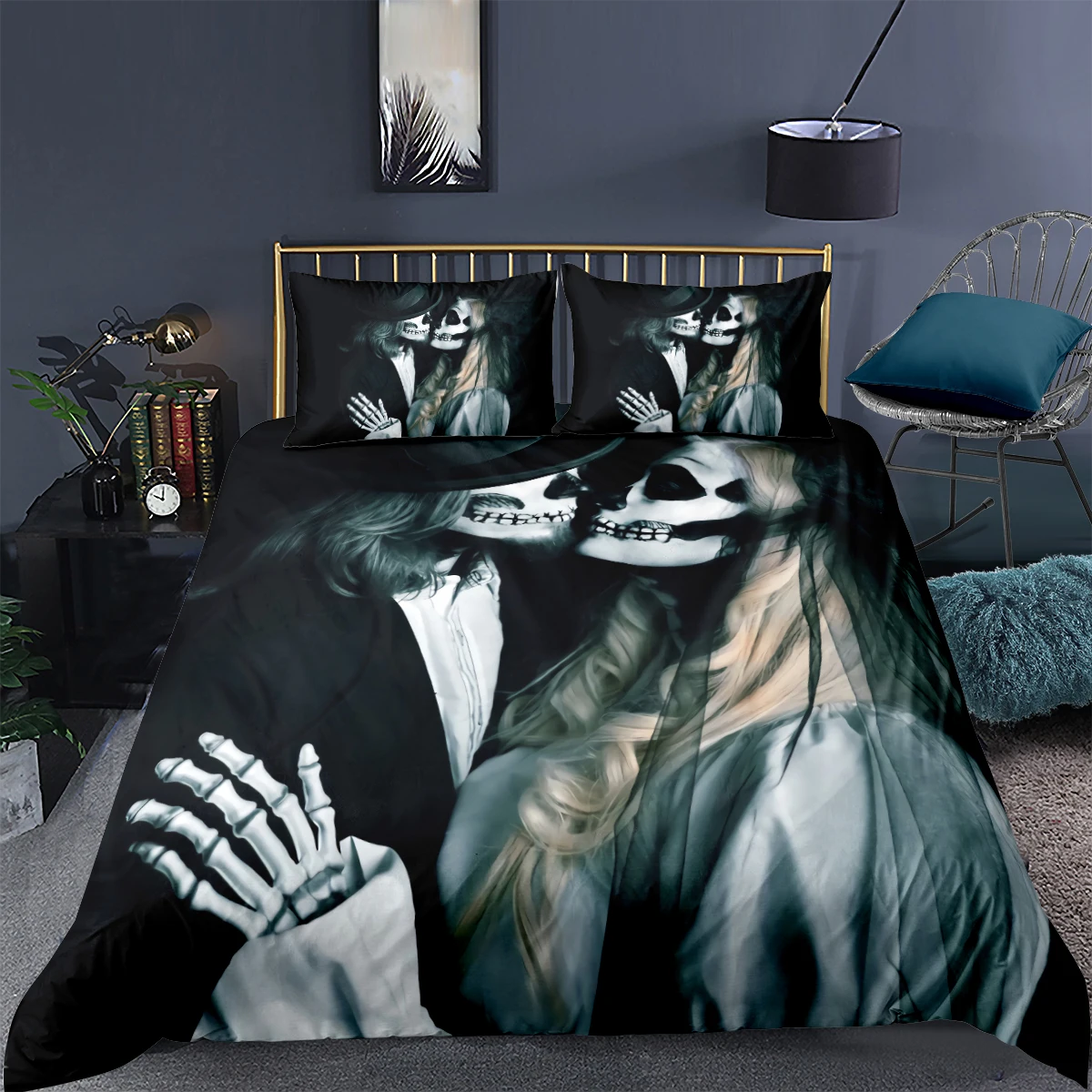 

Skull Comforter Cases 3D Black Duvet Cover Sets and Pillow Slips Full Double Single Twin Queen Size Love the Skeleton Beddings