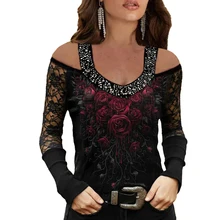 

Women Lace Stitching Long Sleeve Tops Floral Print Sequins U-neck T-shirt Rose Spaghetti Strap Slim Sexy Off Shoulder Clothes