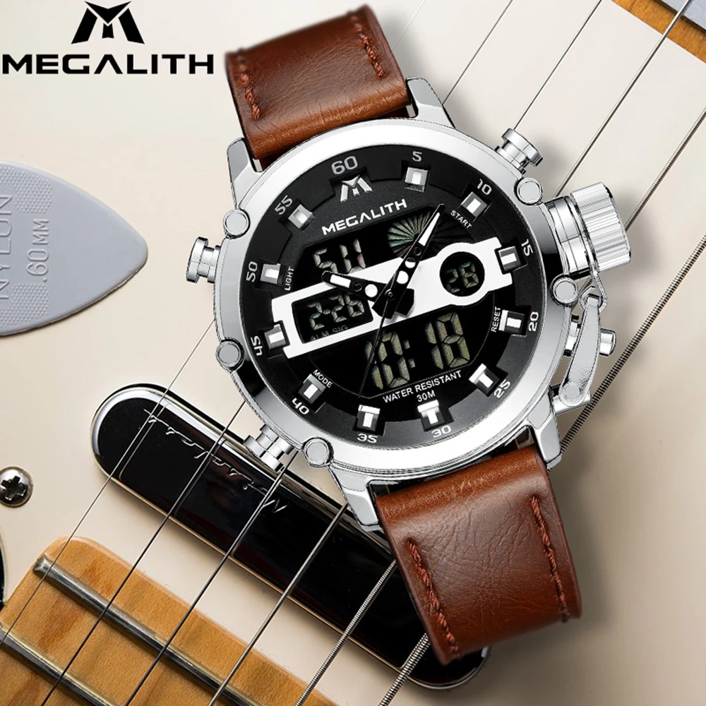 MEGALITH Модные мужские светодиодный спортивные кварцевые часы многофункциональные