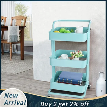 

3-Tier Metal Cart Rolling Storage Shelves With Handles Home kitchen Blue Organizer Holders Utility Cart Shelf Racks 43x36x86cm