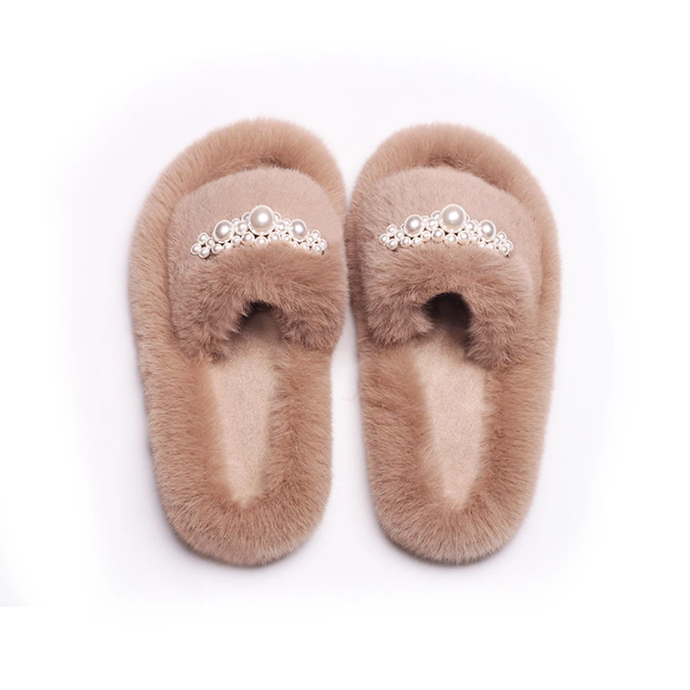 Fluffy Flip Flops Furry Fur Slides Designer Pearl Chain Plush House Slippers Women Casual Faux Fur Slippers Cozy Warm Home Shoes