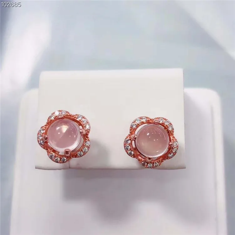 

925 Silver Set with Plated 18k Rose Gold Natural Pink Crystal Ear Stud Flower Modeling Support Reinspection