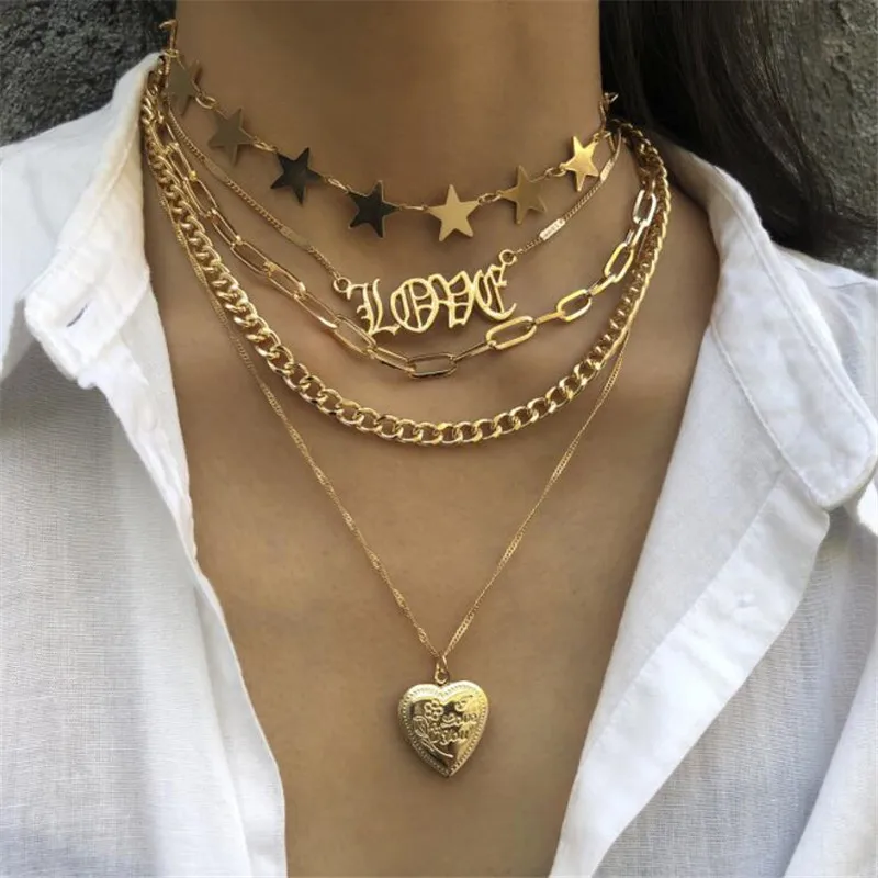 Vintage Love Letter Pendant Necklace for Women Punk Chunky Chain Gold Star Choker Multilayered Necklaces Sratement Jewelry | Украшения и