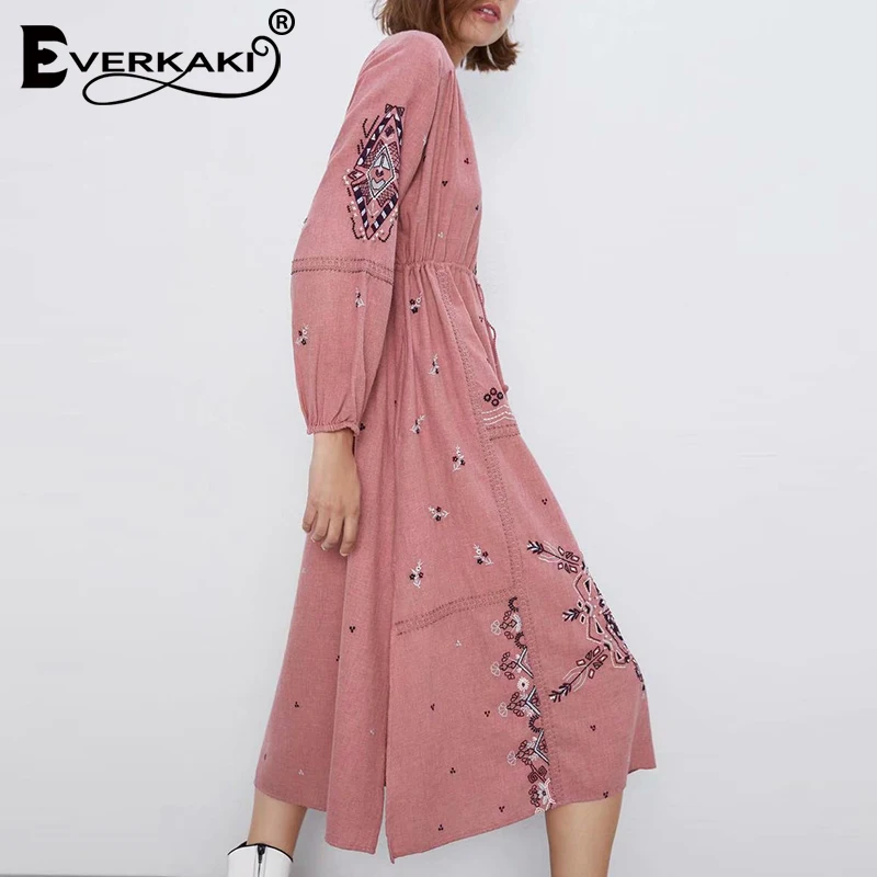 Everkaki, женские длинные платья, бохо, с вышивкой, Осенние, с карманами, с поясом, хлопок, Vestido, свободные, Ретро стиль, для девушек, макси, платье для женщин, новинка