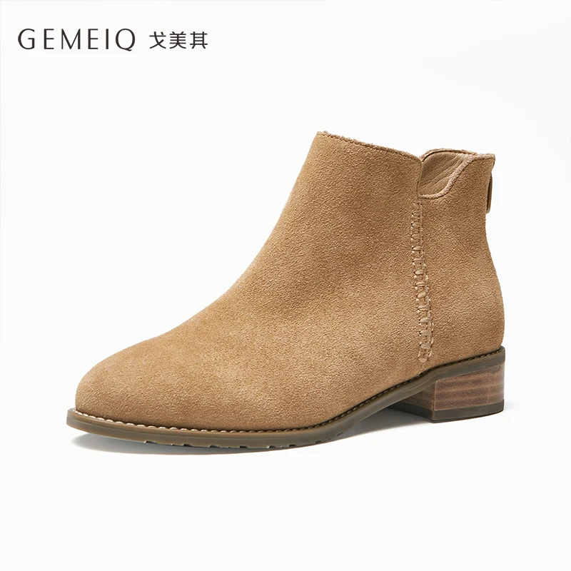 

GEMEIQ Genuine Leather Cow Suede Chelsea Boots Women British Style 2019 Winter New Flat Boots Leisure and Comfort Women's Shoes