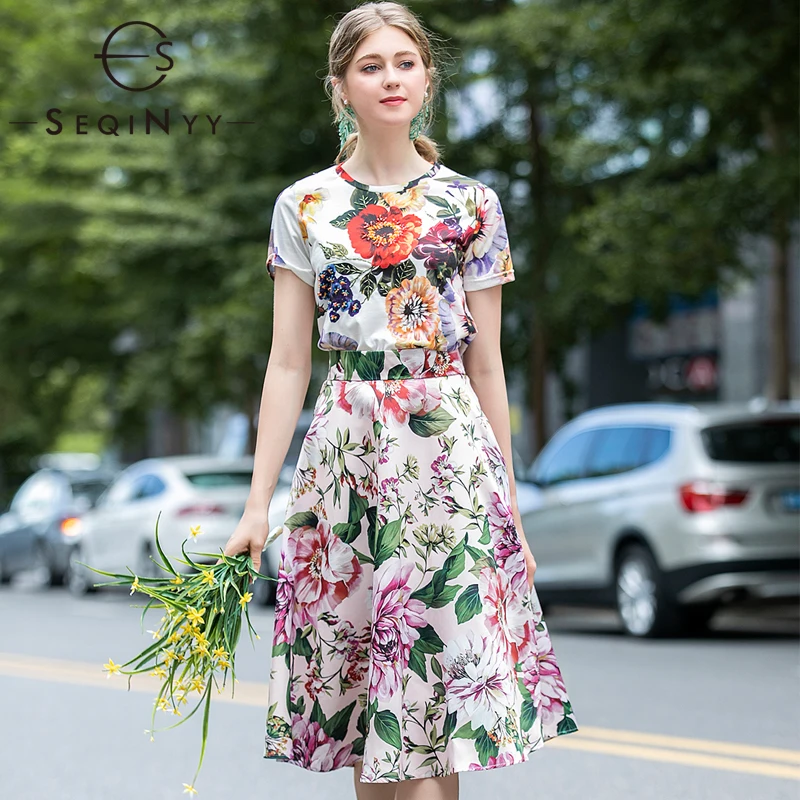 

SEQINYY Flowers Print Suit 2020 Summer Spring New Fashion Design Women Short Sleeve Beading T Shirt + Knee A-line Skirt Runway
