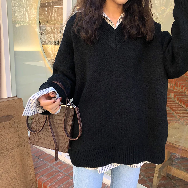 

5 colors 2018 korean style loose v neck solid color knitted warm sweaters womens sweaters and pullovers (X164)