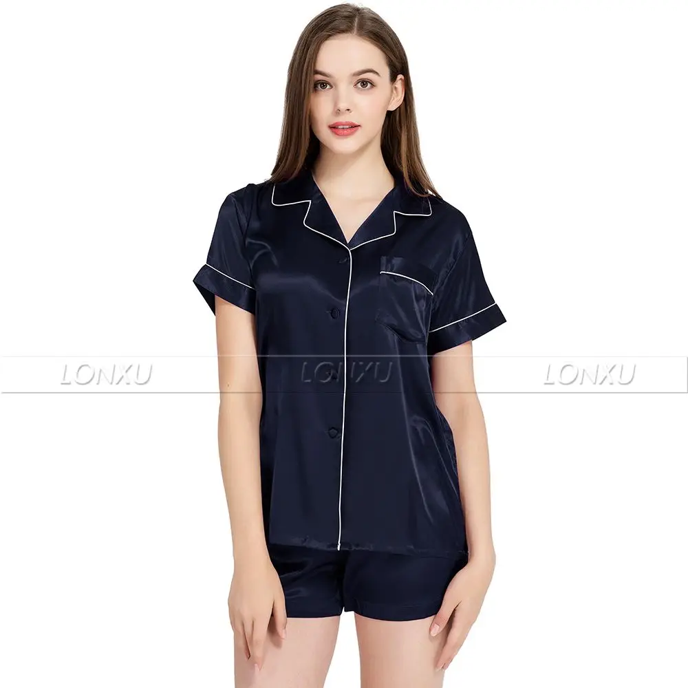 Женский Атласный пижамный комплект, пижама с коротким рукавом, пижама S~ 3XL Plus - Color: Solid Navy Blue