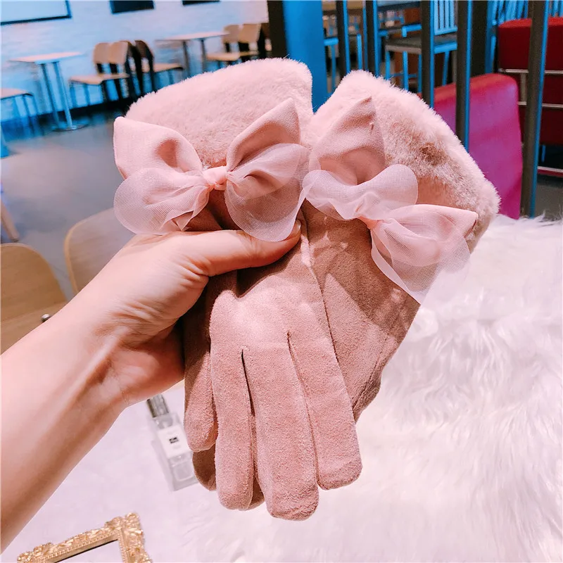 Женские Новые корейские перчатки с сенсорным экраном, бархатные женские зимние Студенческие теплые перчатки с бантом