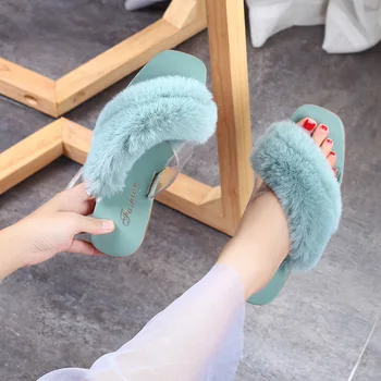 

Fox Hair Flow Crossing Bring Women Slipper Comfortable Keep Warm Flat Shoes Spring Summer Fashion Slippers