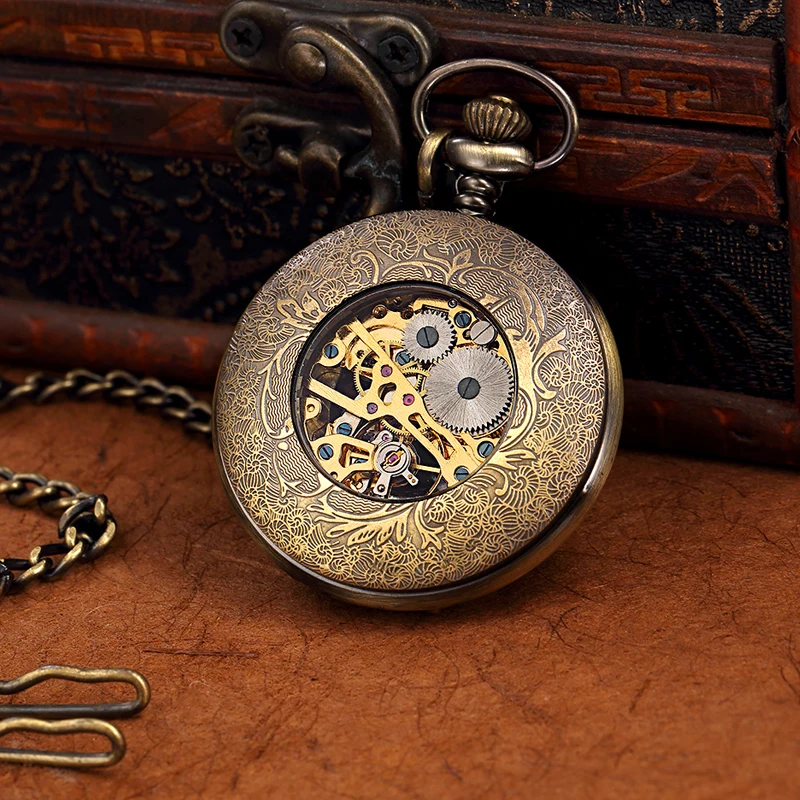 Retro Hand Wind Mechanical Pocket Watch FOB Chain Locket Dial Hollow Steampunk Skeleton Men Women Mens Clock Watches Box