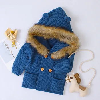 

Benemaker Infant Children Cardigan For Girl Boy Fur Collar Hooded Jacket Knitted Sweater Coat Baby School Autumn Clothing NA029
