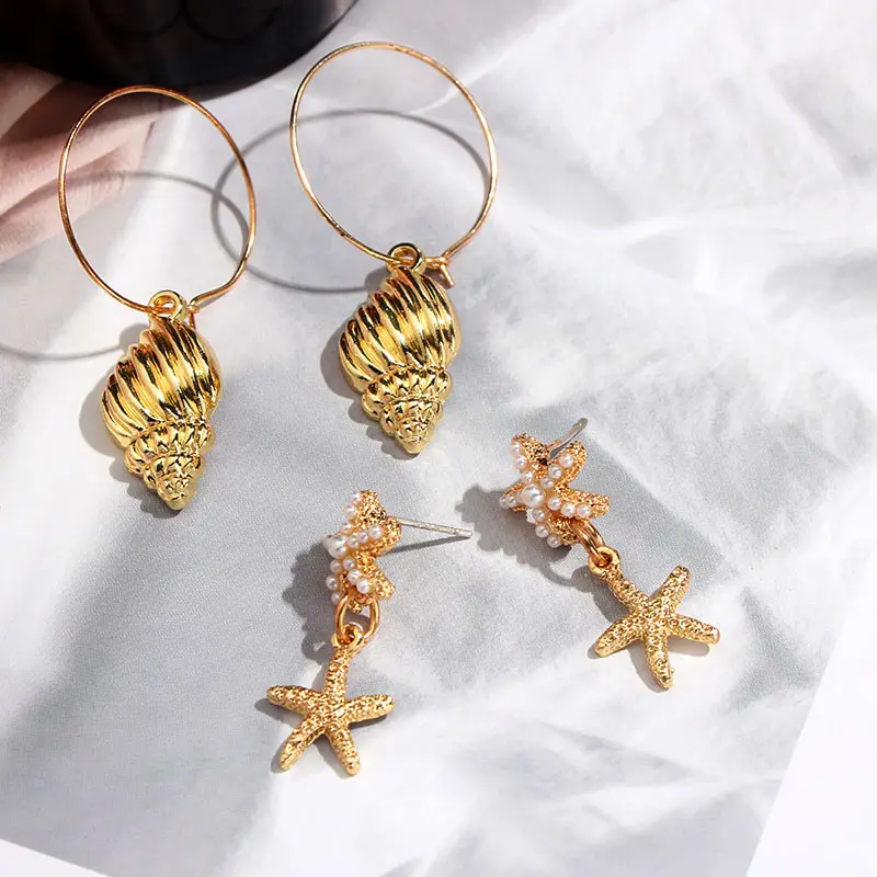 

Caraquet 2Pair/Set 2020 Summer Retro Conch Drop Earrings Women Gold Color Imitation Pearl Starfish Earrings sets Beach Jewelry