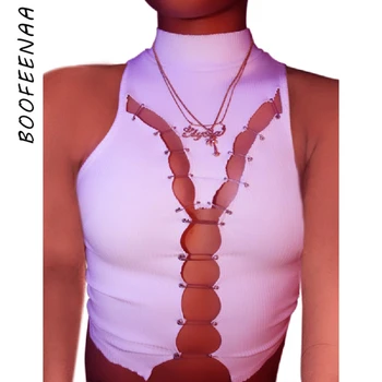 

BOOFEENAA Sexy Ribbed White Cropped Tank Top Club Wear Hollow Out Sleeveless Safety Pin Bodycon Crop Tops Woman Tshirts C99-BH10