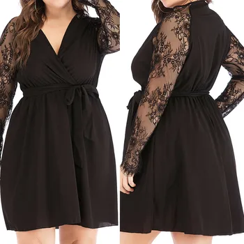 

Free Shipping Long Sleeve dress women summer plus size Lace dress woman basic Solid V-Neck Lace up ladies dresses large sizes