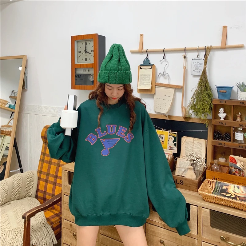 Letter Print Hoodies Women O-Neck Long Sleeve Long Sweatshirts Pullovers Casual Coat Autumn Korean Harajuku Loose Hoodies V529
