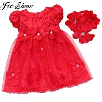 

Toddler Baby Girls Dress Red Petals Cute Princess Clothing With Flower Headband For Birthday Holiday Family Photos Daily Wear