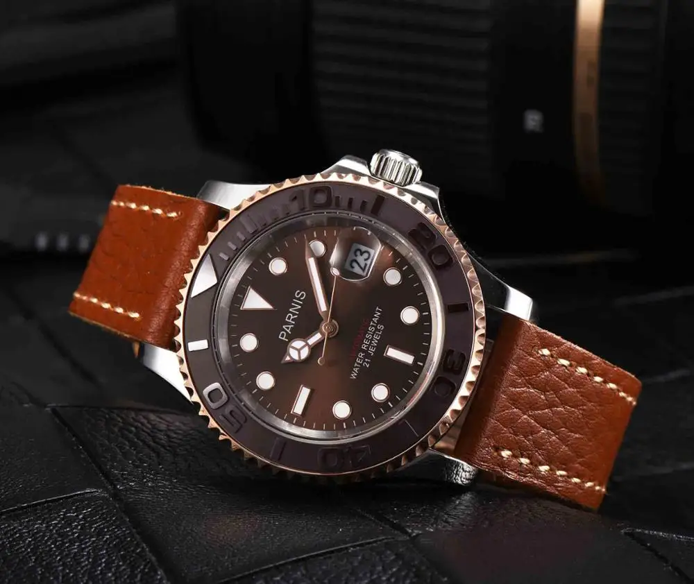 Parnis 40 мм Циферблат Мужские часы Diver Miyota 8215 сапфировое стекло светящиеся автоматические механические мужские часы лучший бренд класса люкс - Цвет: rose gold coffee