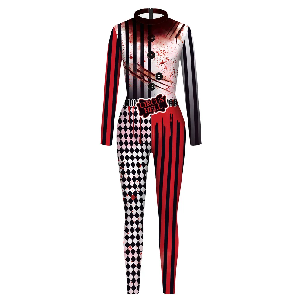 FCCEXIO Women/Men Circus Hell Printed Scary Jumpsuit Halloween Party Cosplay Costume Bodysuit Adults Fitness Onesie Outfits
