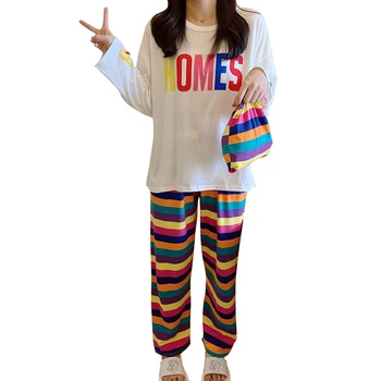 

New Women Autumn Pajamas Sets Cute Strawberry Loose Long Sleeve Tshirt+Pants 2Pcs Sleepwear Outfits