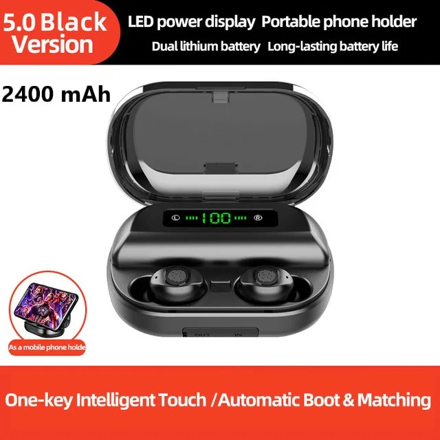 V12LED Black 2400mah V12 Bluetooth V5.0 наушники беспроводные наушники стерео Спортивные Беспроводные наушники гарнитура 4000 мАч Мощность для iPhone Xiaomi - Цвет: V12LED Black 2400mah