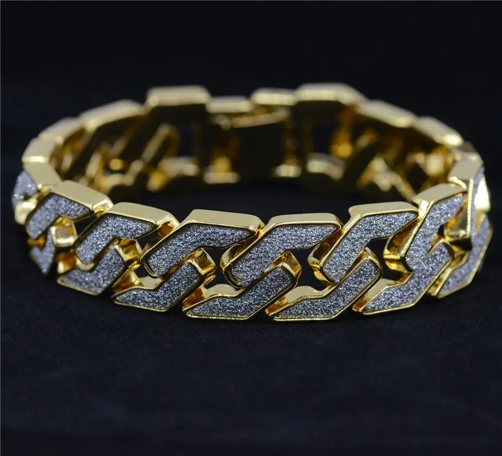 Шикарный Полный лед из кубинской цепи звено мужской браслет Европа и Америка скрабы браслет Мода хип хоп ювелирные изделия - Окраска металла: Gold Color