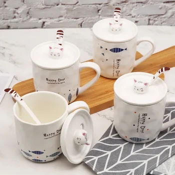 

Cartoon Cute Coffee Mugs Heat Resistant with Lid Spoon Cat Head Ceramic Cups Living Room Bookroom Milk Tea Mug Office Supplies