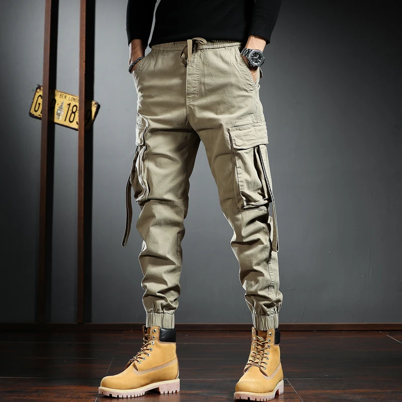 

Autumn New Khaki Cargo Pants Men Streetwear Hip Hop Mens Drawstring Joggers Trousers Man Fashion Cotton Big Pockets Casual Pants