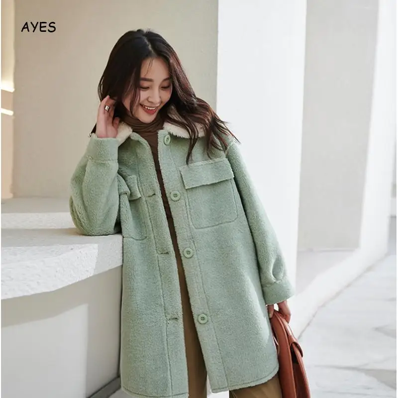 Корейский стиль, зимнее зеленое пальто для женщин, искусственный мех, длинный рукав, Женское шерстяное пальто, осенняя Свободная Женская шерстяная верхняя одежда, Casaco Feminino