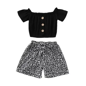 

2PCS Baby Girls set Newborn Kids short sleeve black Off Shoulder button crop Top Leopard bow Shorts Pants summer Outfit Clothes