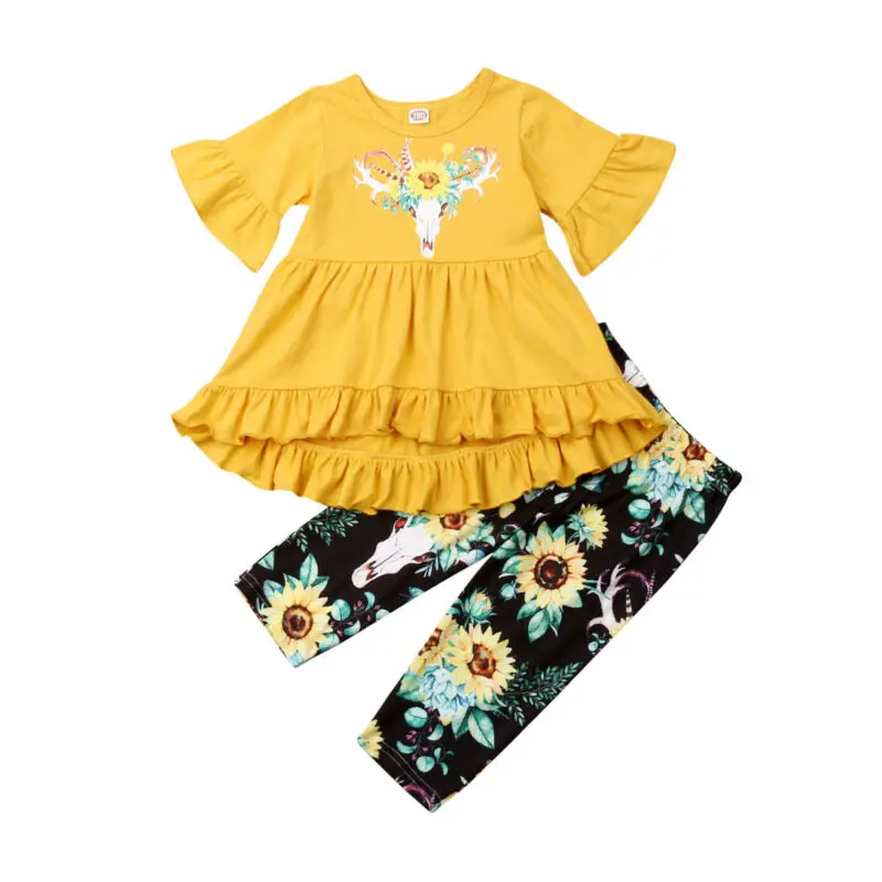 2-7T Kids Baby Girls Flare Sleeve Flower print Top Dress + Long Pants Leggings Outfits 2PCS Set Summer Clothes | Детская одежда и