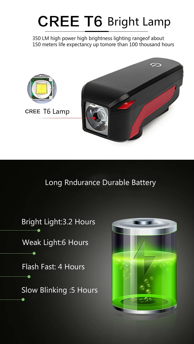 Excellent XC USHIO Bicycle Light Waterproof USB Rechargeable Bike Warning Flashlight 350 Lumen 140dB Bicycle Bell Bicycle accessories 16
