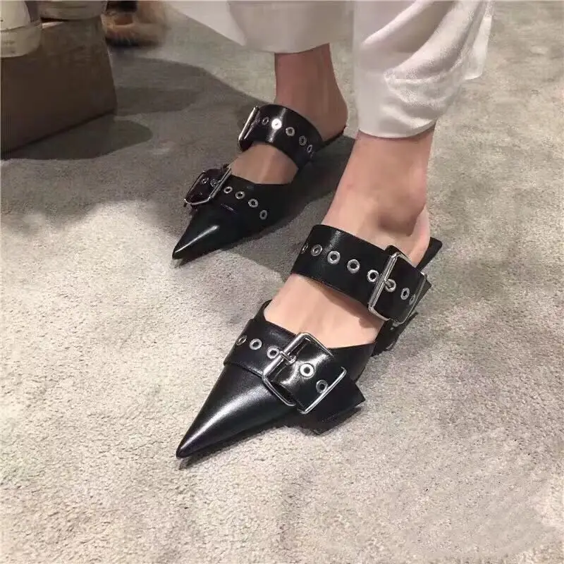 

New Fashion Pointed Toe Sandals Women Summer High Heels Women Black Metal Buckle Women Shoes Sxey sandalias de las mujeres