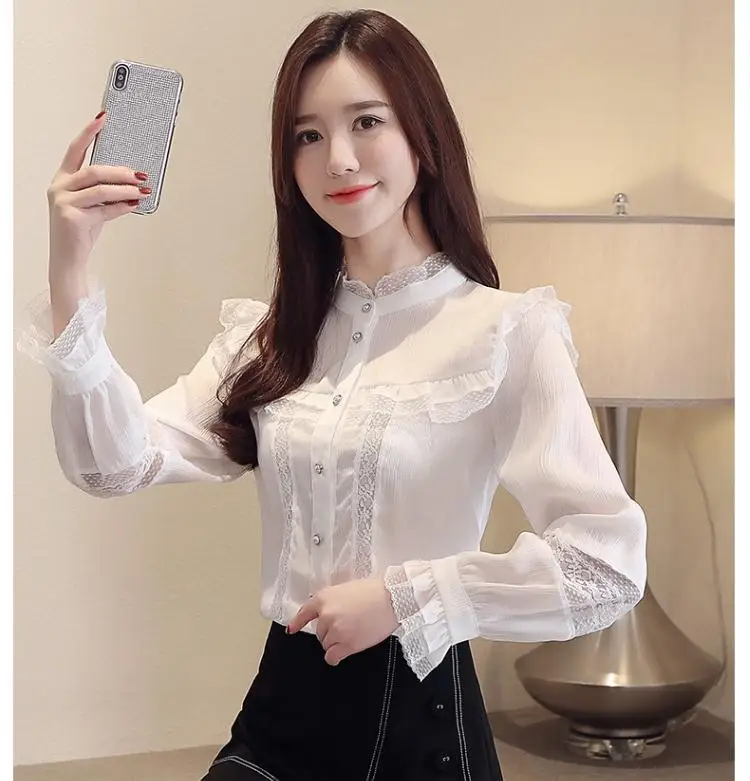 Korean Fashion Chiffon Women Blouses Autumn Lace White Women Shirts Plus Size XXL Blusas Femininas Elegante Ladies Tops