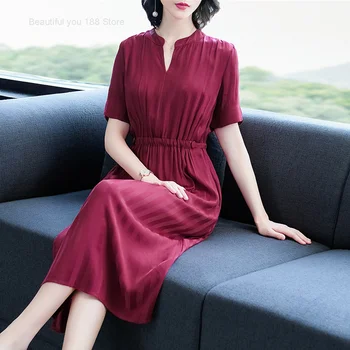 

Summer New Dress Noble broad lady short sleeve elegant wine red skirt copper ammonia Silk