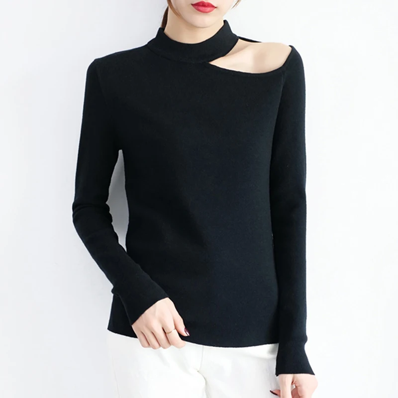 

Knitted Sexy Off Shoulder Half Turtleneck Sweater Women Sweaters And Pullovers Solid Slim Autumn Winter Jumpers 2019 Casual Top