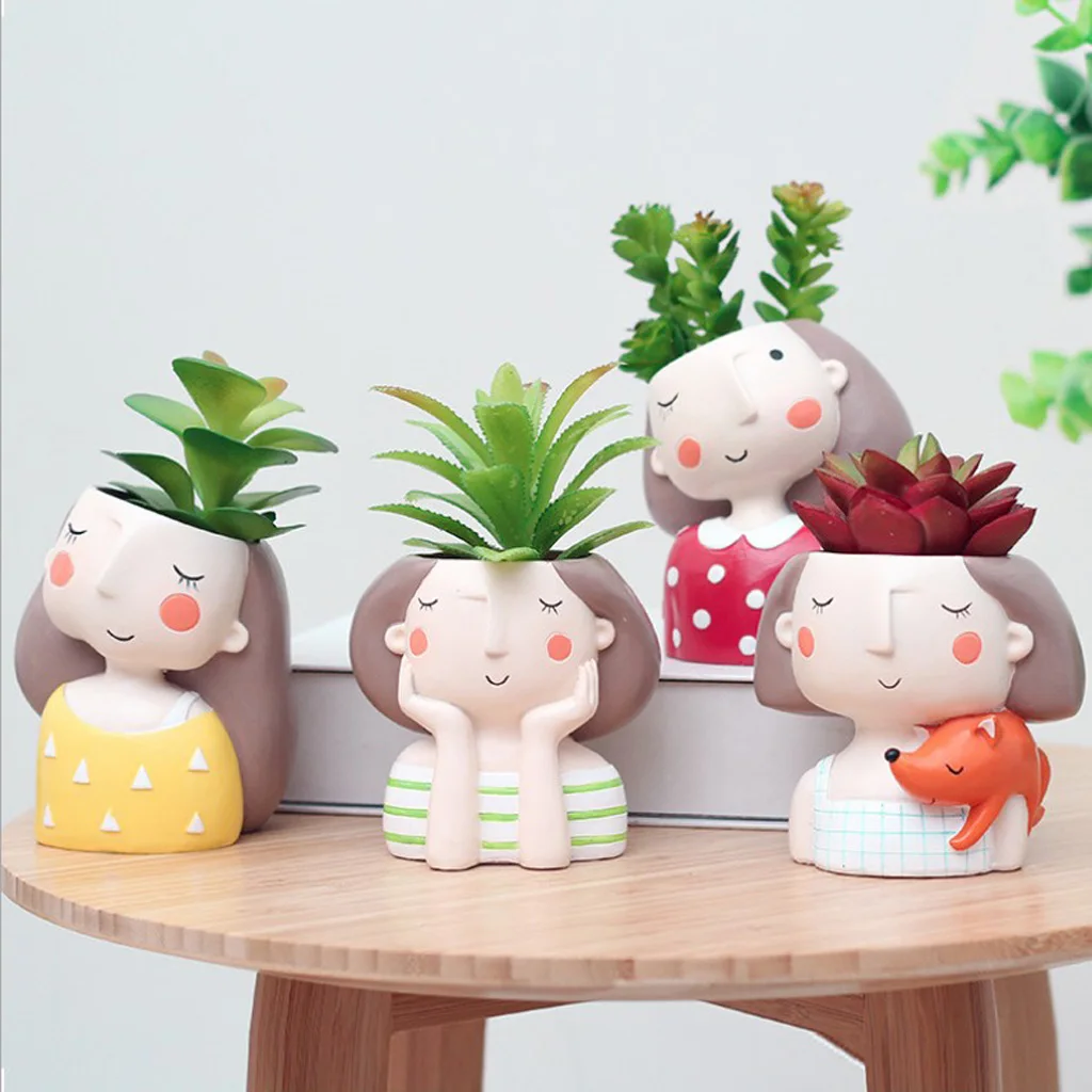 4pcs/set Girl & Boy Design Mini Flower Pots Cacti Succulent Plant Container Flowerpot Garden Planter Window Box Home DIY Decor