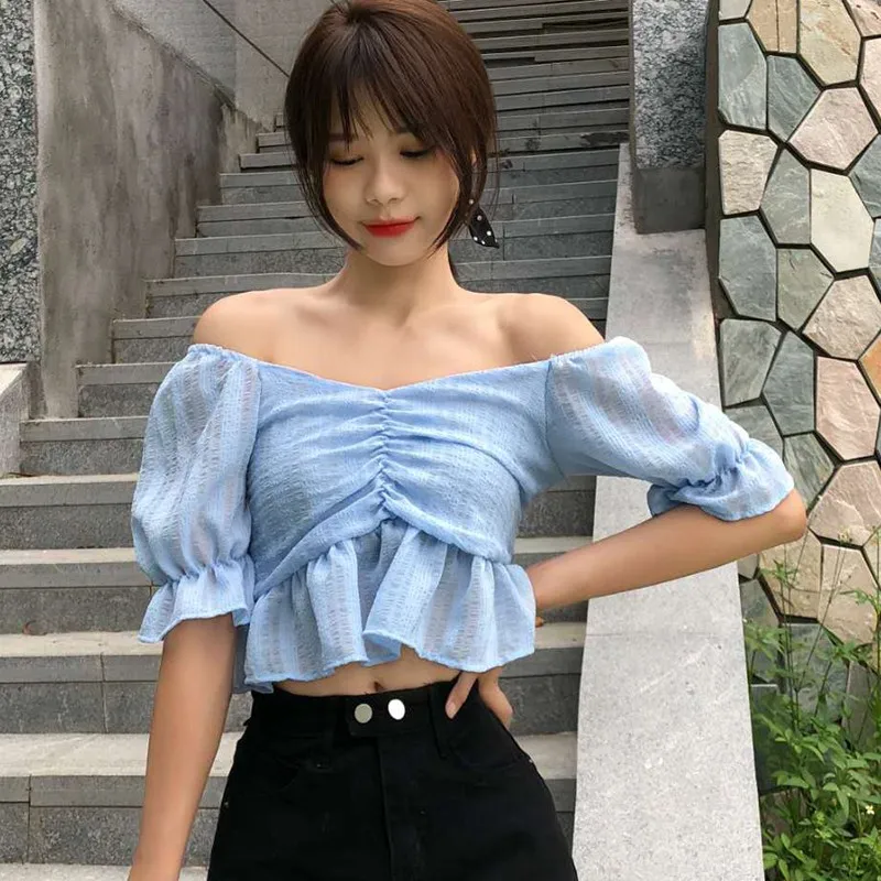 

Summer Square Collar Blouse Tops Women Casual Solid Short Sleeve Off-shoulder Short Shirts