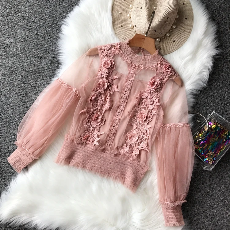 Women Perspective Gauze Blouse Shirt Lantern Sleeve Lace Crochet Mesh Blusas Ruffle Blouse with Ela