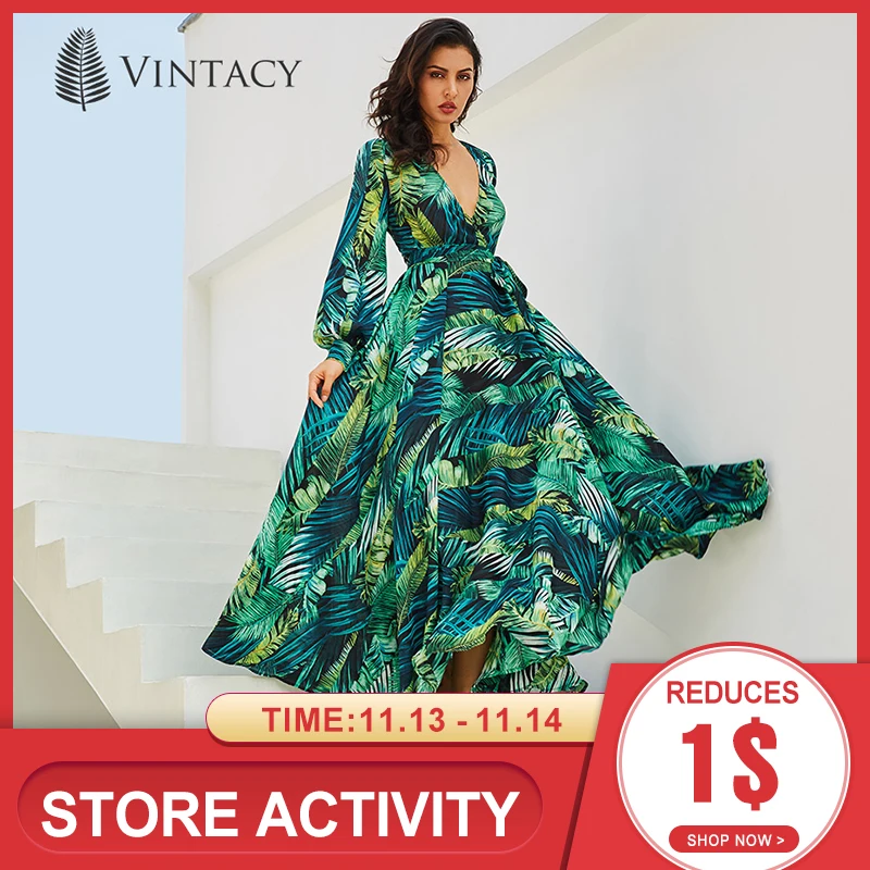 Comprar Vintacy Vestido de manga larga verde Tropical Beach Vintage Maxi vestidos Boho Casual cuello en V cinturón encaje túnica drapeado vestido de talla grande