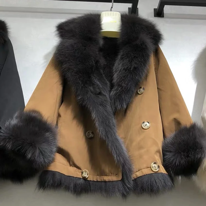 

Real fur coat women plus size 2019 new fashion double breasted england style fox fur lining parka thick warm fur overcoat female
