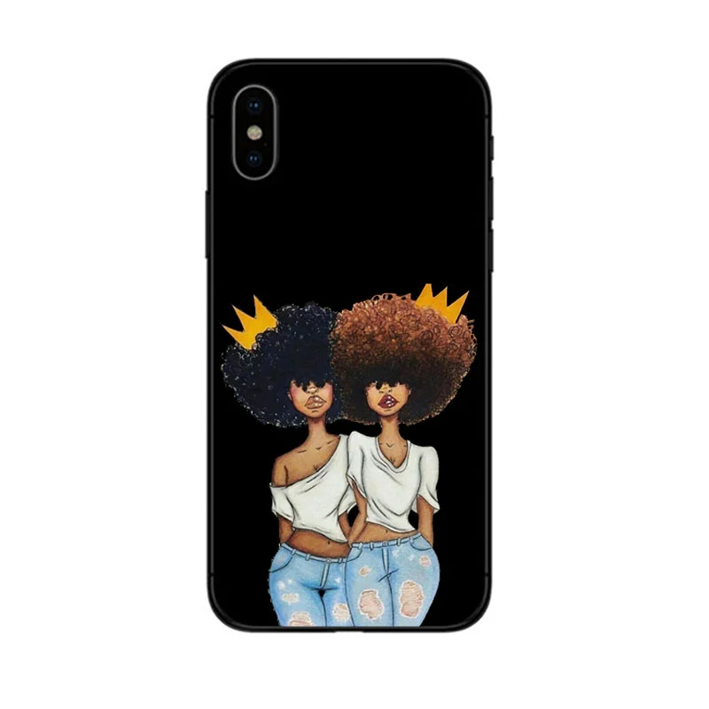BLACK TPU black girl Melanin Poppin black girl woman art black soft phone case cover for iPhone 6 6S 7 8 Plus 5 5S SE 10 X XR XS MAX curly hair shell - Цвет: BLACK TPU black girl