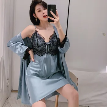 

Sexy Lace Women Robe Set 2PCS Sleepwear Satin Nighty&Robe Set Summer Sleep Set Female Casual Kimono Gwn Loose Home Clothes