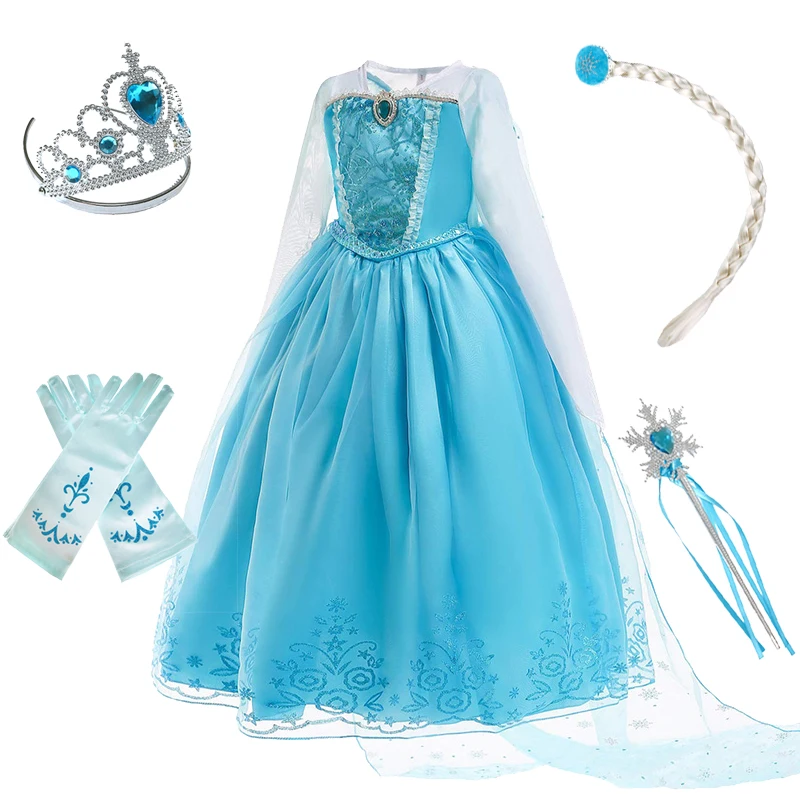 Dress C and Set-2 Платье принцессы Эльзы для девочек; Детские карнавальные вечерние костюмы Снежной Королевы 2; костюм Анны и Эльзы; детская одежда для костюмированной вечеринки на Рождество и день рождения и парик - Цвет: Dress C and Set-2
