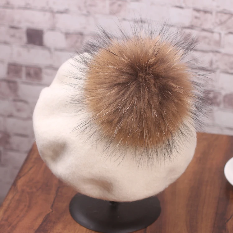 

Real Fur Pompom Girls Beret Hat Baby Wool Hat Winter Kids Beanie Cap
