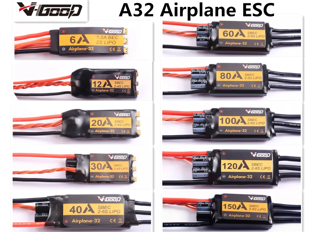 VGOOD бесщеточный ESC 6A /12A/20A/30/40A/60A/80A/100A /120A/150A 2-8S 32-бит с 1.5A SBEC для запасных частей для самолета с неподвижным крылом RC