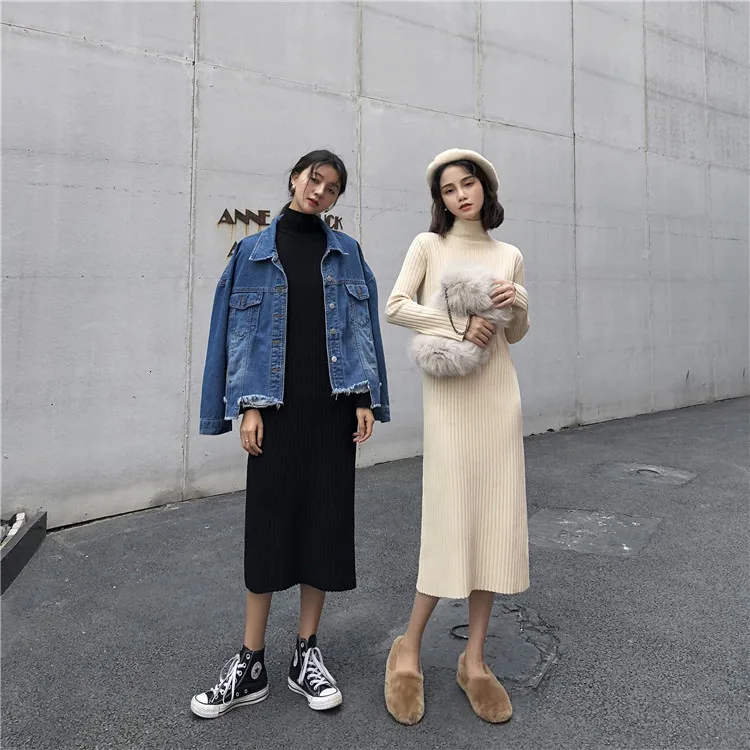 SHENGPALAE/Новинка года; сезон весна; Модное Длинное Платье с круглым вырезом; Черный однотонный пуловер; свободное повседневное вязаное платье; Vestido FV134